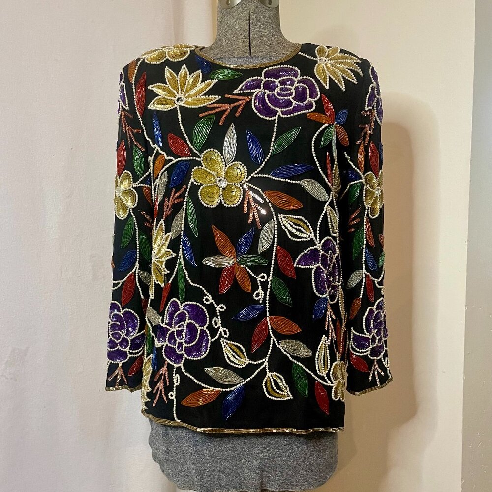 Vintage Crystal Creations floral sequined and beaded silk shirt